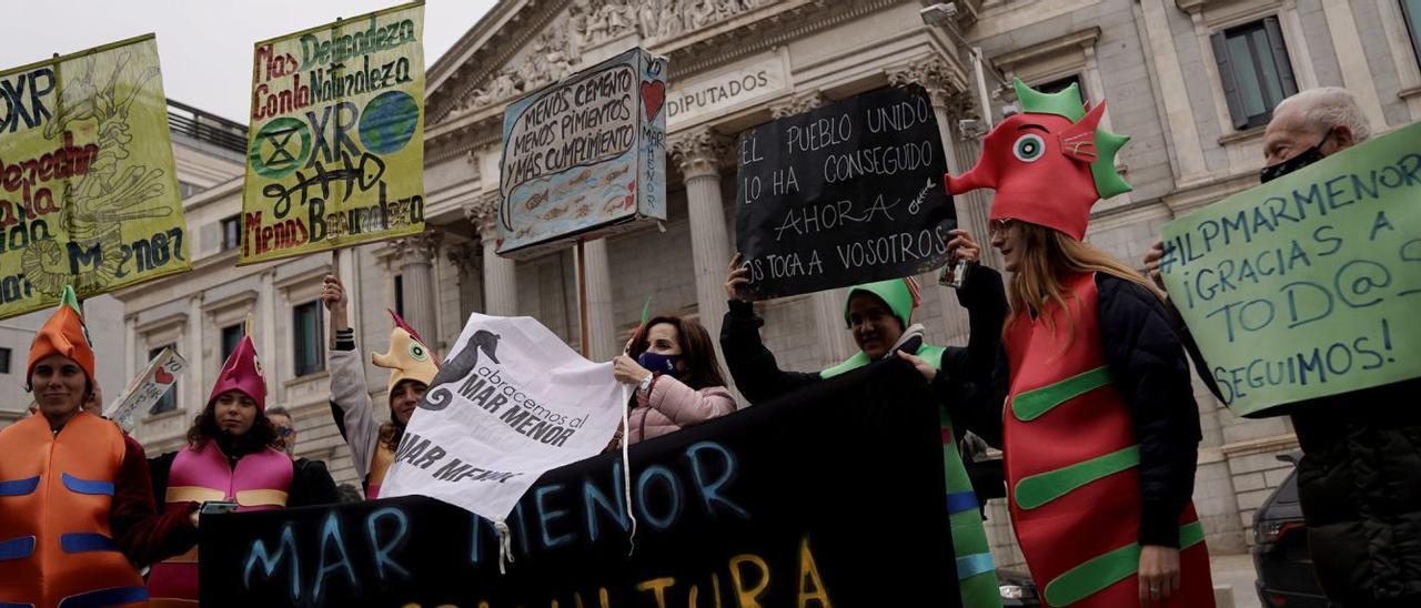 Casi un centenar de personas se congregaron frente al Congreso durante la votación para tramitar o no como ley la ILP del Mar Menor.