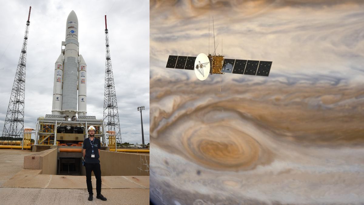 A la izquierda, el ingeniero español Guillermo Monreal. A la derecha, ilustración de la misión JUICE sobrevolando Júpiter.