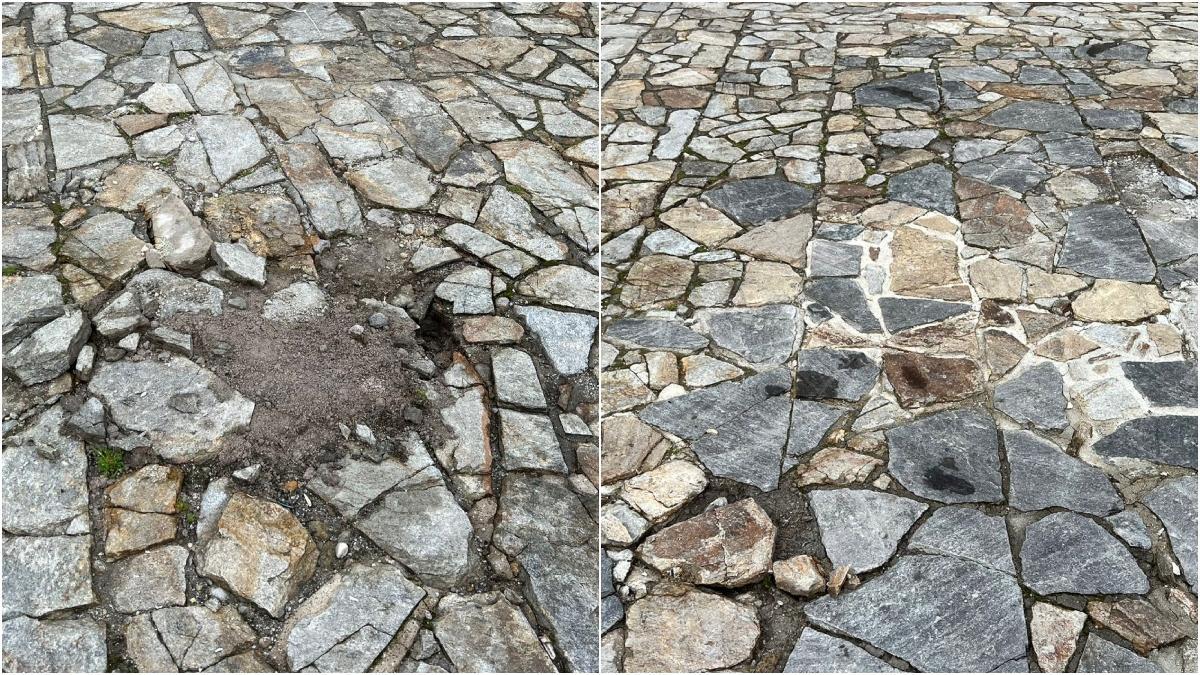 Imágenes enviadas a EL CORREO GALLEGO del antes y después del arreglo de los destrozos en el suelo del Obradoiro