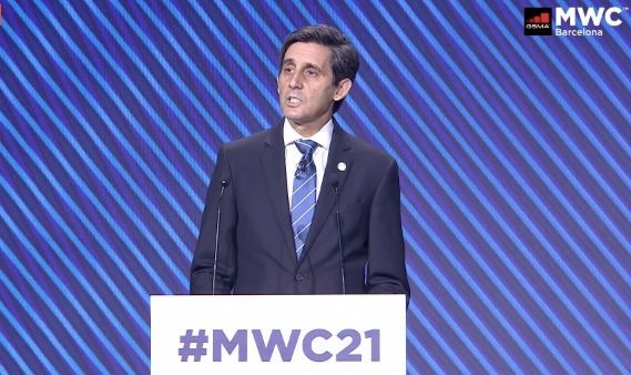 El presidente de Telefónica, José María Álvarez-Pallete, durante su intervención en la primera jornada del Mobile World Congress 2021.