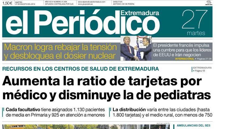 Esta es la portada de EL PERIÓDICO EXTREMADURA correspondiente al día 27 de agosto del 2019