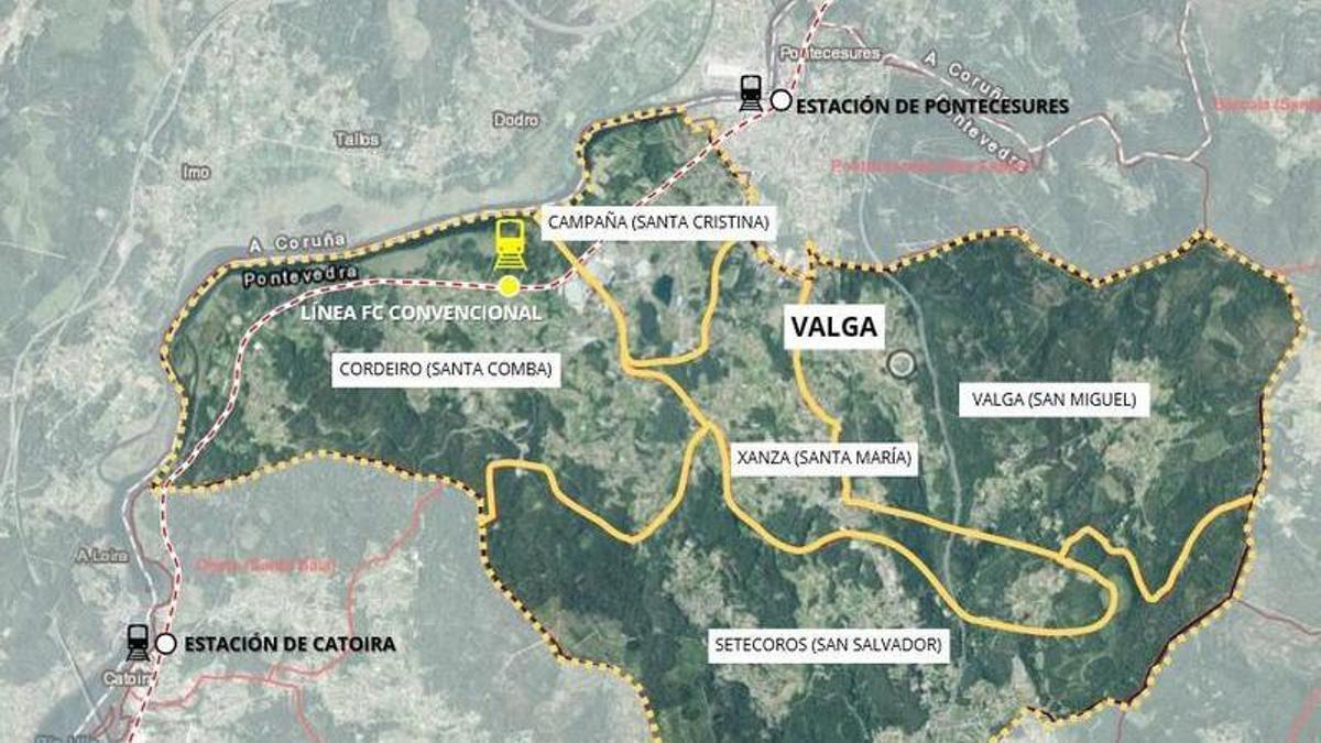 Plano con la ubicación del nuevo apeadero de tren en Valga.