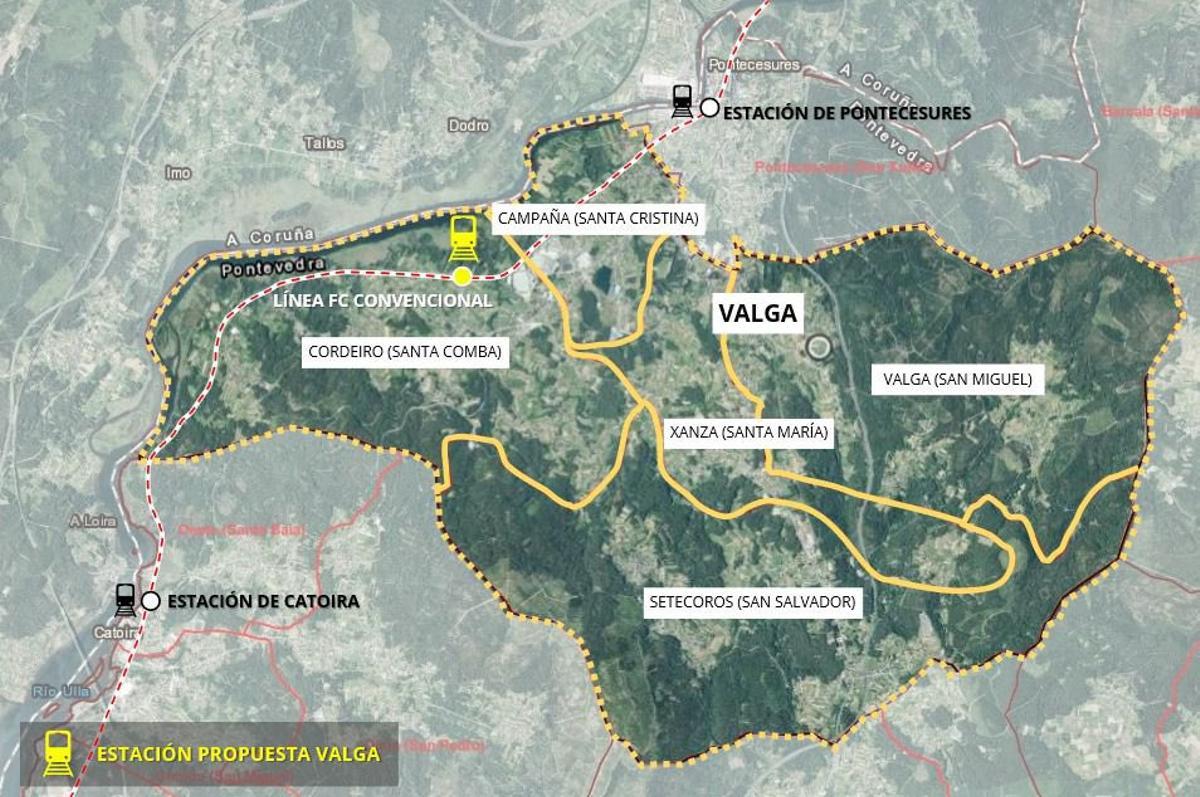 Plano con la ubicación del nuevo apeadero de tren en Valga.