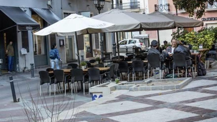 Terrazas instaladas en la plaza Gabriel Miró, junto a los ficus centenarios.