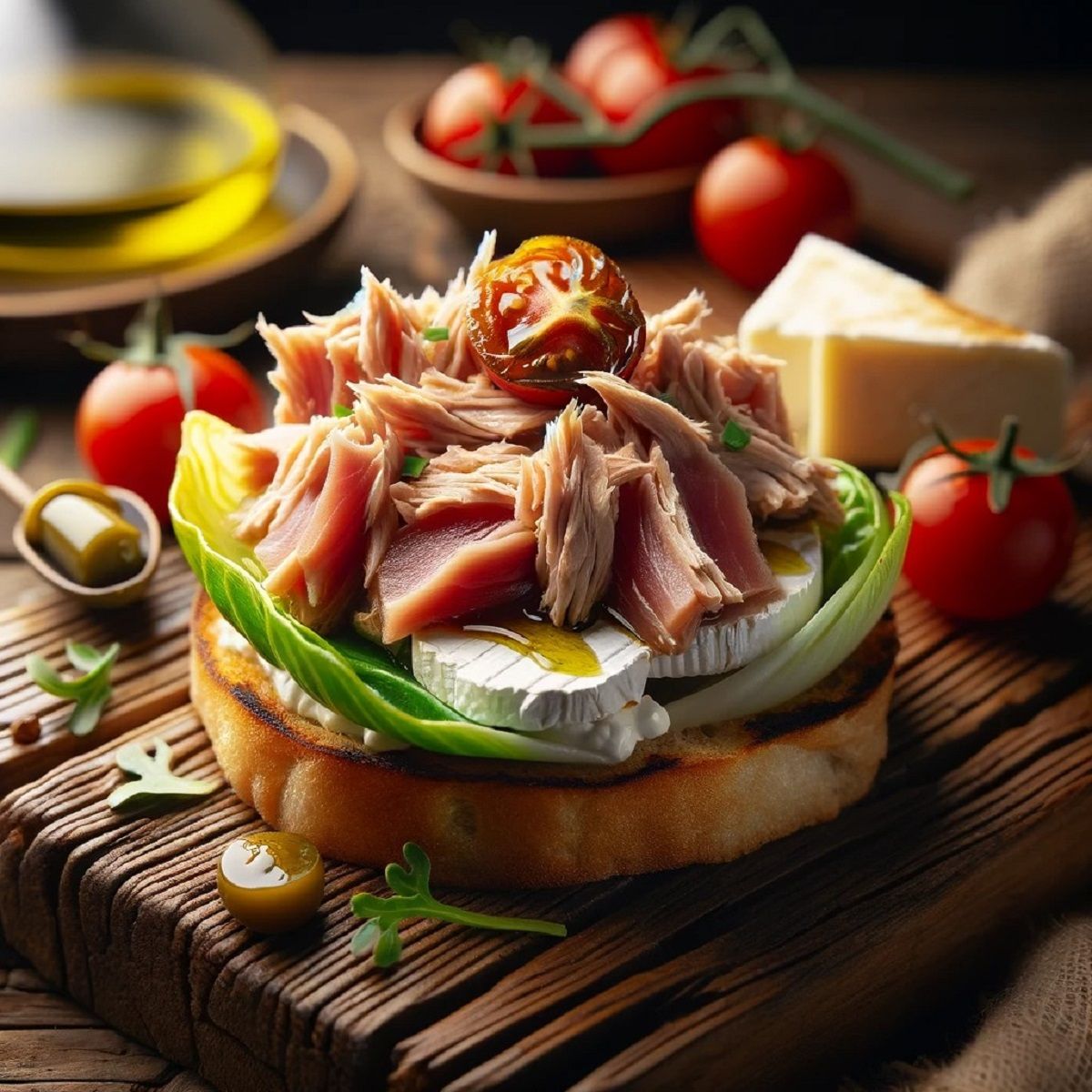 Montadito gourmet con bonito del Norte y queso de cabra