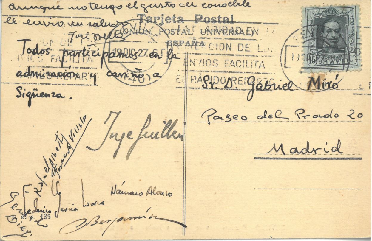 Postal escrita a Gabriel Miró por los poetas de la Generación del 27.