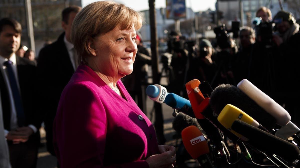 Angela Merkel, antes de iniciar la jornada de negociación