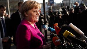 Angela Merkel, antes de iniciar la jornada de negociación.