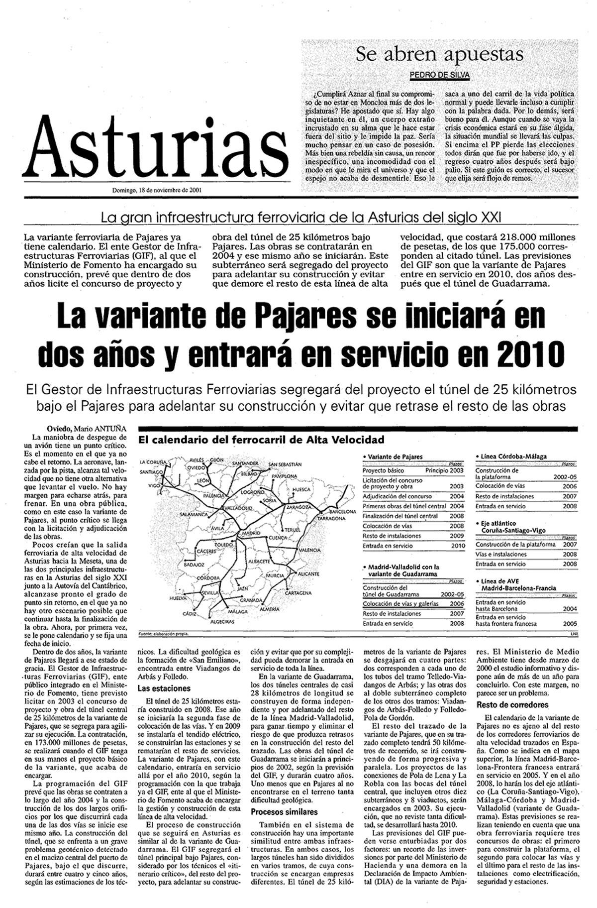 Las páginas de LA NUEVA ESPAÑA que recogían la información sobre el primer presupuesto y calendario de la variante de Pajares.
