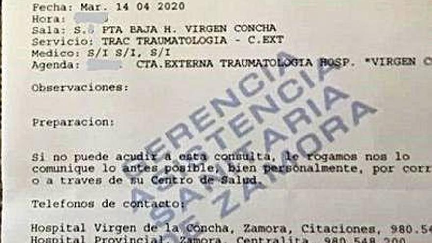 Carta para la consulta de Traumatología enviada en agosto.