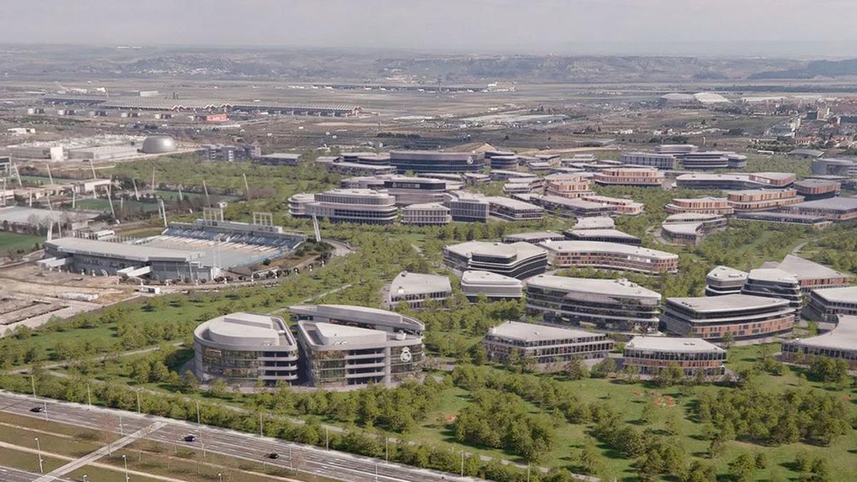Panorámica que recrea el aspecto que podrá tener el futuro Madrid Innovation District promovido por el Real Madrid en Valdebebas.