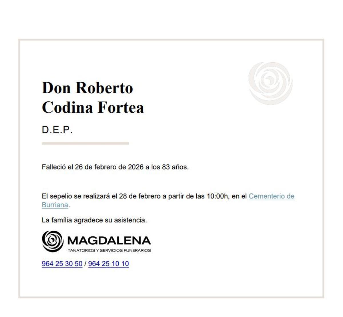 La esquela de Roberto Codina Fortea.