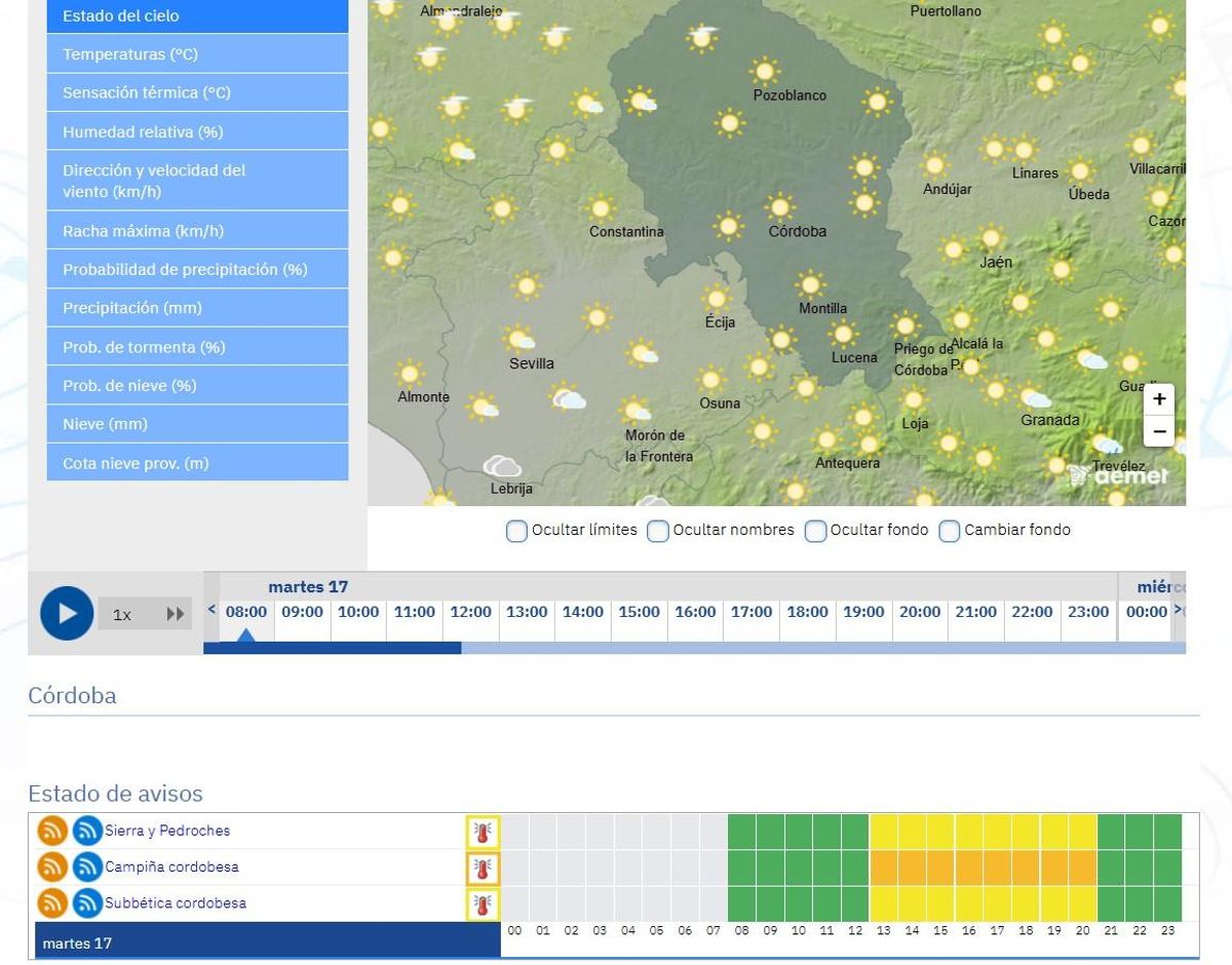 Avisos por altas temperaturas en la provincia de Córdoba hoy martes, 17 de junio.