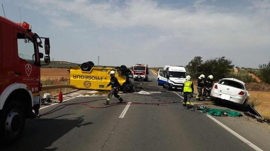 Los bomberos actúan en un accidente mortal registrado el año pasado en la carretera A-384, en Campillos.