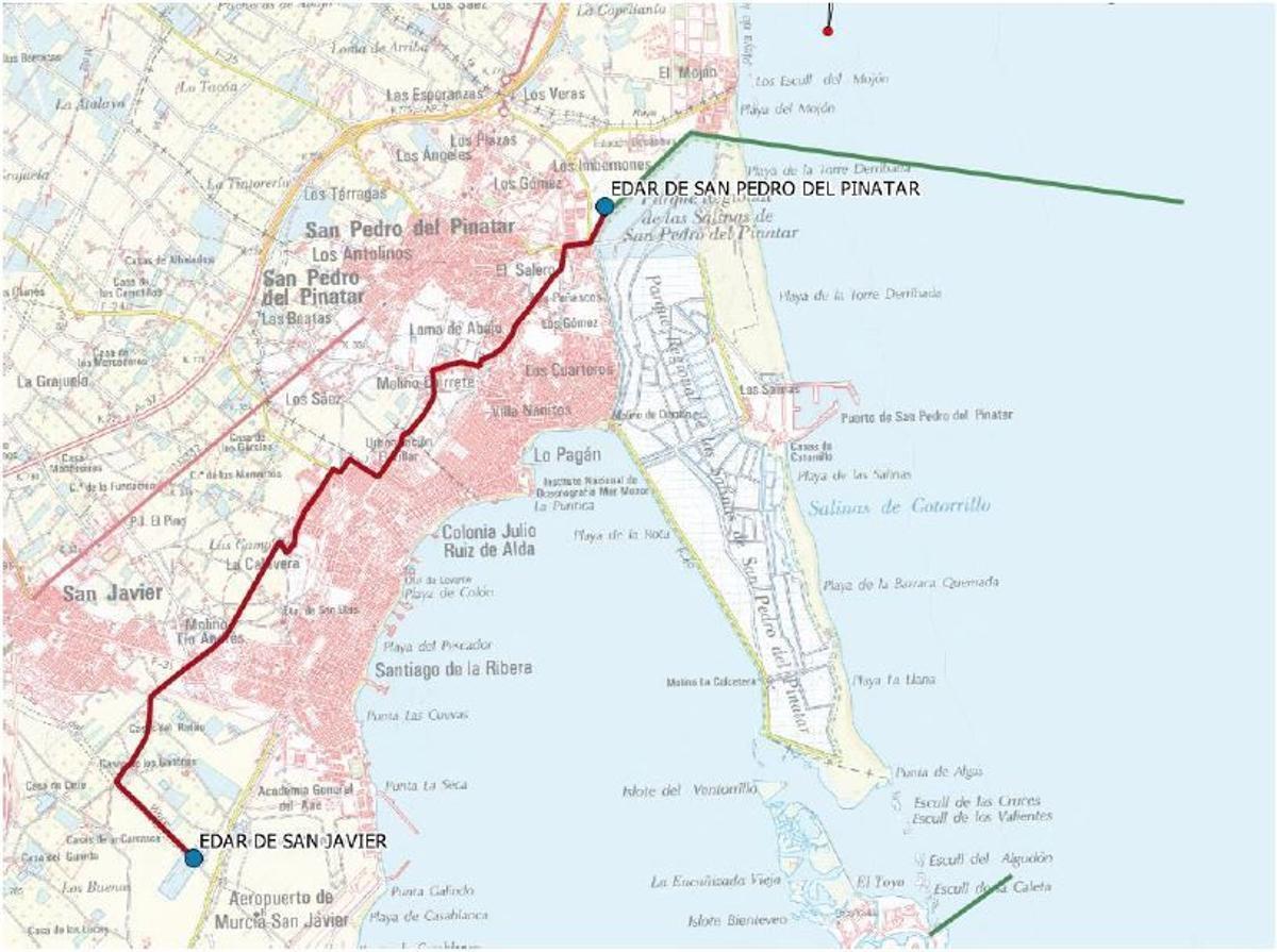 Proyecto de colector para conectar cuatro depuradoras del Mar Menor y usar el aliviadero de Pilar de la Horadada en caso de urgencia