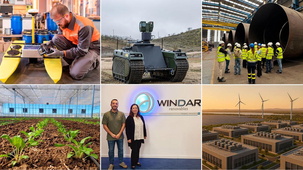 Arriba, por la izquierda: un técnico de ArcelorMittal maneja el mando a distancia de un dron; un robot con sensores electroópticos de Escribano Mechanical &amp; Engineering y representantes del consorcio "Casandra", durante una reciente visita a Idesa. Abajo, por la izquierda: invernadero autosuficiente en cuya tecnología participa Gonvarri-Solar Steel; Yerai Fernández y Covadonga Carballo, coordinador de I+D de Windar y directora de Windar Technology &amp; Innovation y recreación del proyecto "Tron", megacampus de almacenamiento de datos de IA que desarrollará TSK en Huelva.