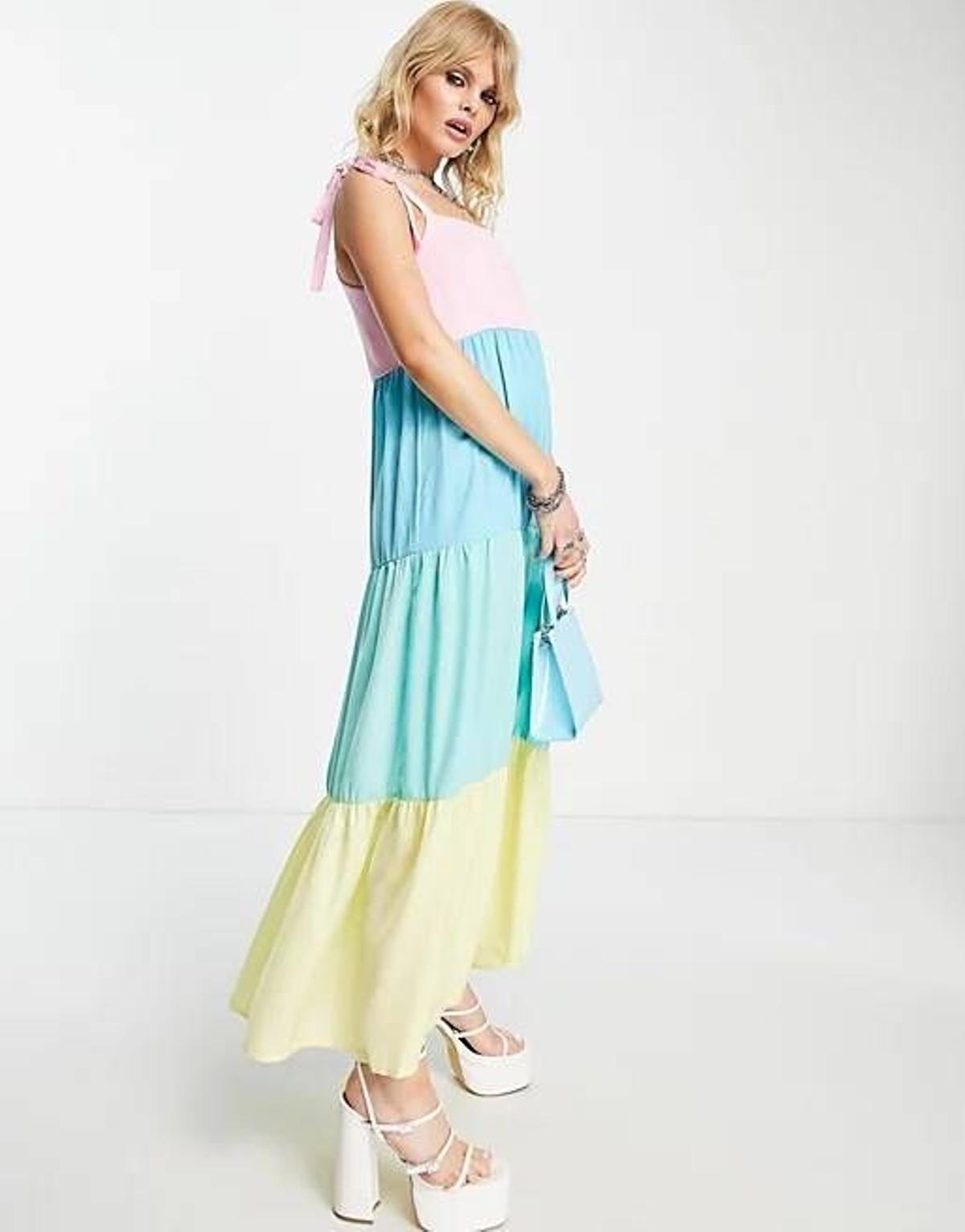 Vestido midi escalonado con tirantes anudados y diseño color block de Twisted Wunder