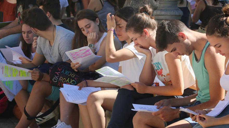 Alumnos repasan los apuntes entre examen y examen de Selectividad.