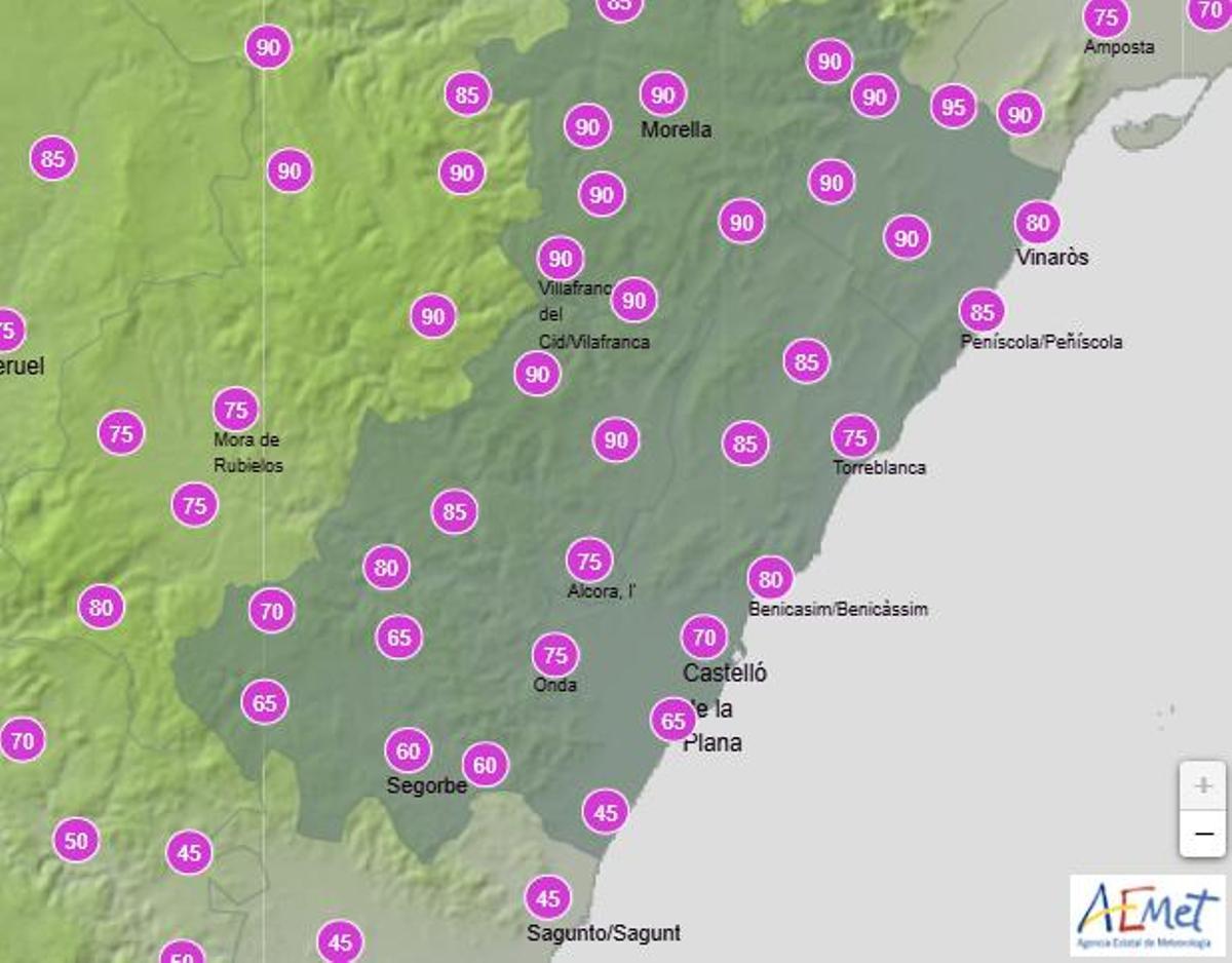 Probabilidad de lluvia en Castellón entre las 12.00 y las 18.00 horas.