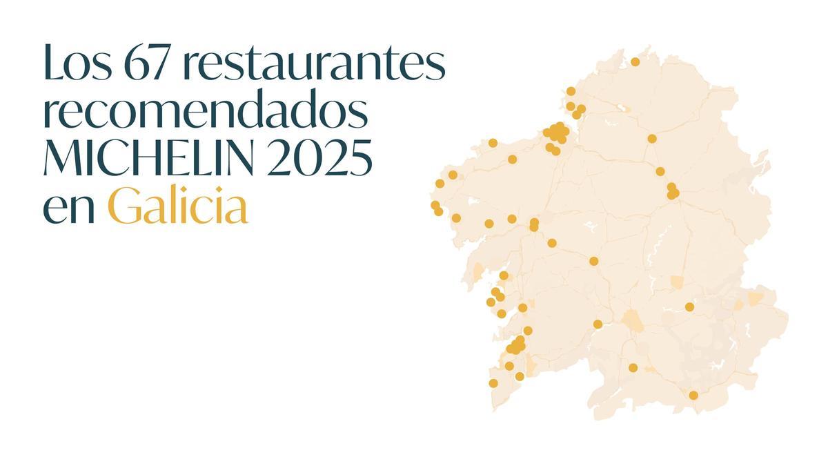 Mapa de los «Restaurantes Recomendados» de Michelin 2025 en Galicia.