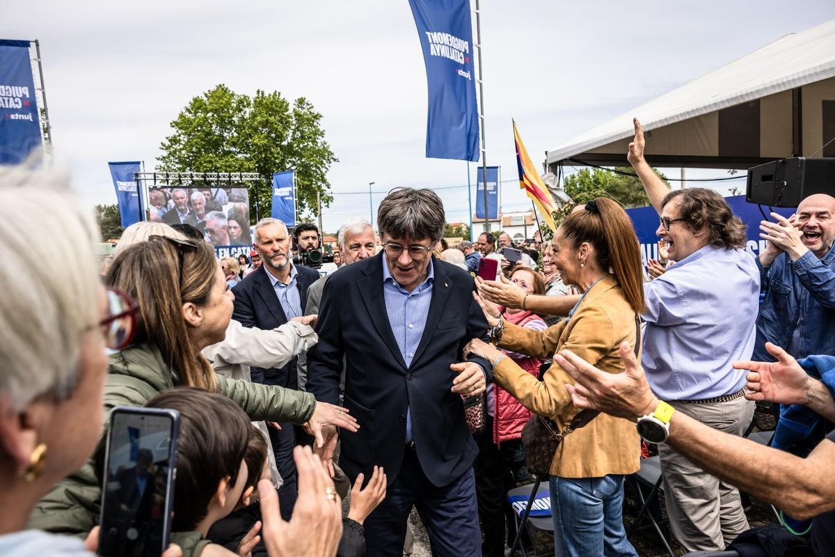 El candidato de Junts, Carles Puigdemont, durante un mitin en Argelers
