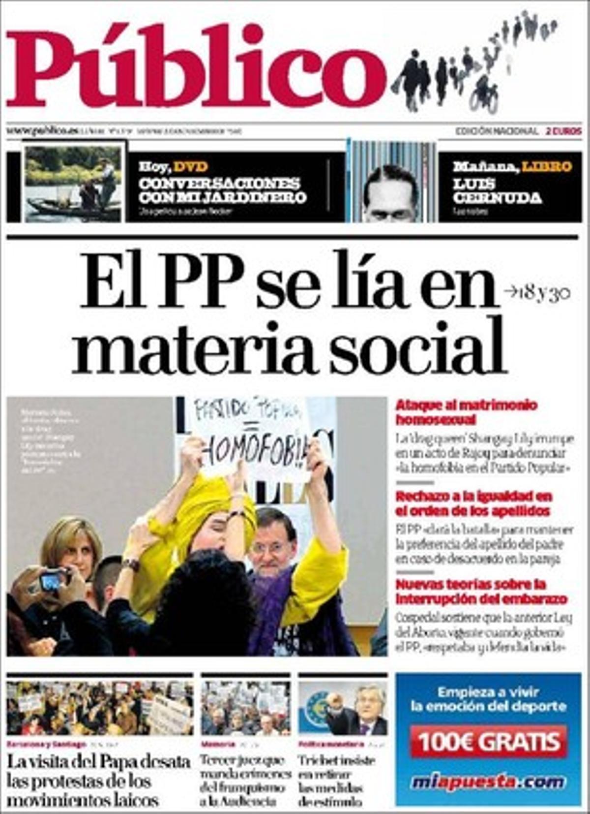 ’Público’ també explica a dins que el Govern es desmarca del pols per la presidència del Tribunal Constitucional; que María Teresa Fernández de la Vega promet lluitar per la igualtat des del Consell d’Estat; que el Tribunal Suprem decidirà qui ha d’investigar el robatori de nens durant la dictadura de Franco; que el PCE llança la seva campanya a favor de la Tercera República; que es planegen tres ponts perquè el Besòs deixi de ser una frontera; que Mas rebutja el copagament i vol incentivar les mútues, i que els proveïdors de la construcció amenacen les grans constructores amb els tribunals pel retard en els pagaments.