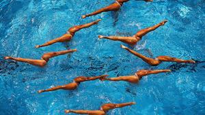 El equipo español de natación sincronizada, durante un entrenamiento en el Palau Sant Jordi.