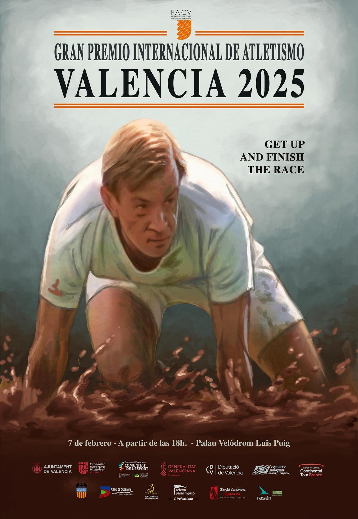 Cartel del Gran Premio de Atletismo Valencia 2025, obra del pintor e ilustrador valenciano Santi Tena.