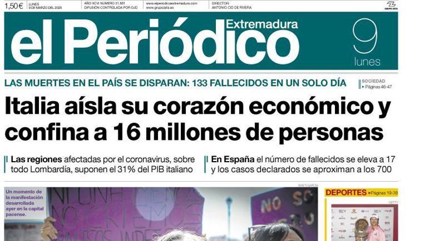 Esta es la portada de EL PERIÓDICO EXTREMADURA correspondiente al día 9 de marzo del 2020