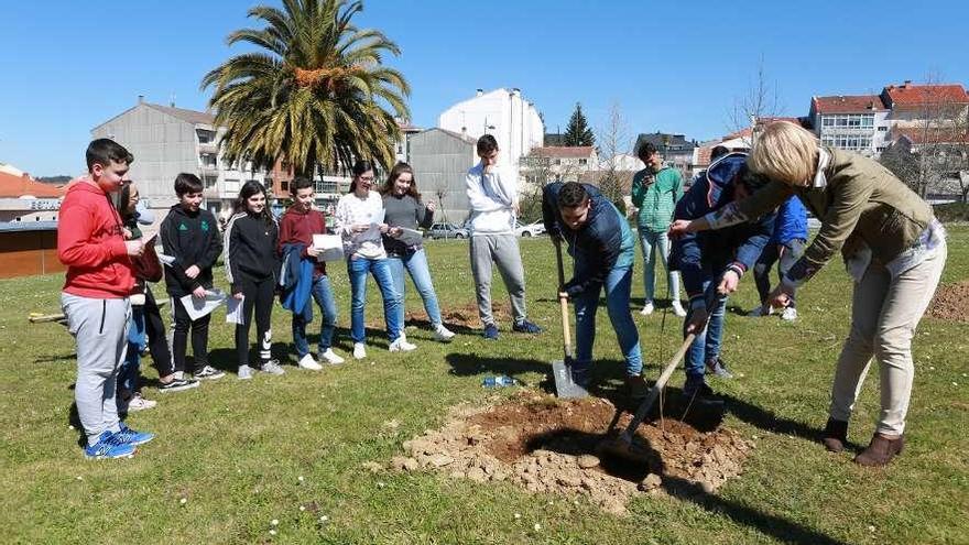 Sánchez y alumnos del IES Laxeiro plantan un árbol en el parque de la Avenida da Estación. // Bernabé