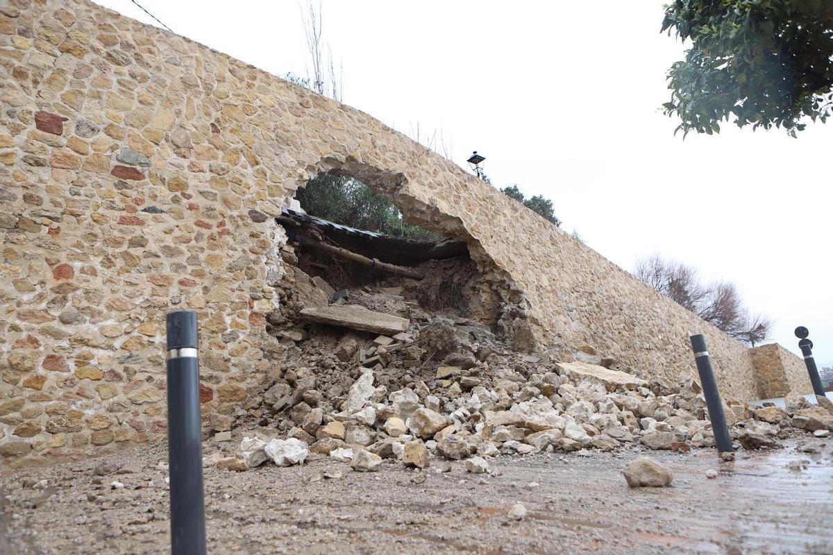 Derrumbe en la muralla de Lorca por filtraciones de agua, este miércoles.