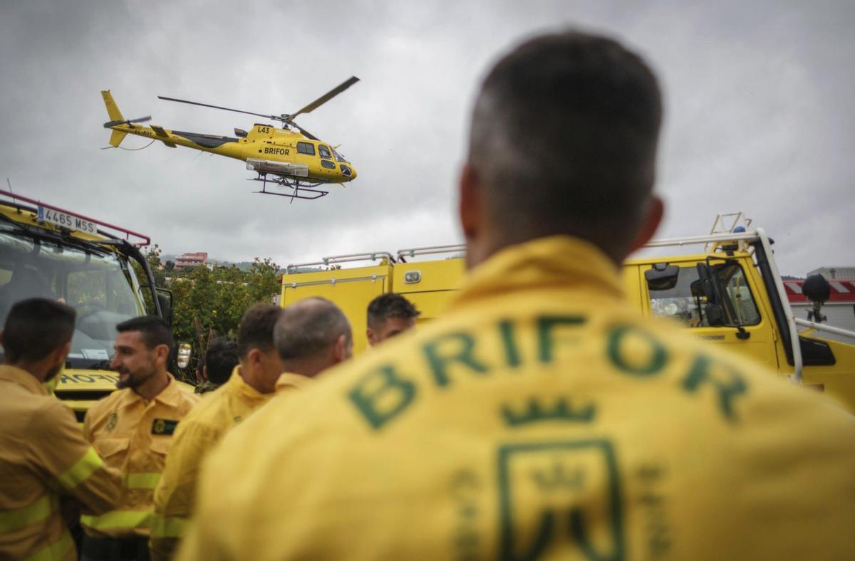 Miembros de la Brigada Forestal (Brifor) del Cabildo en  la presentación de un operativo contraincendios.