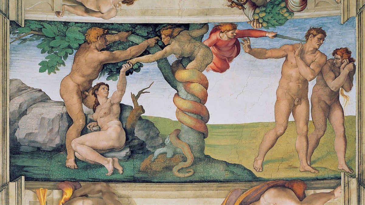 Representación de Adán y Eva siendo expulsados del paraíso.