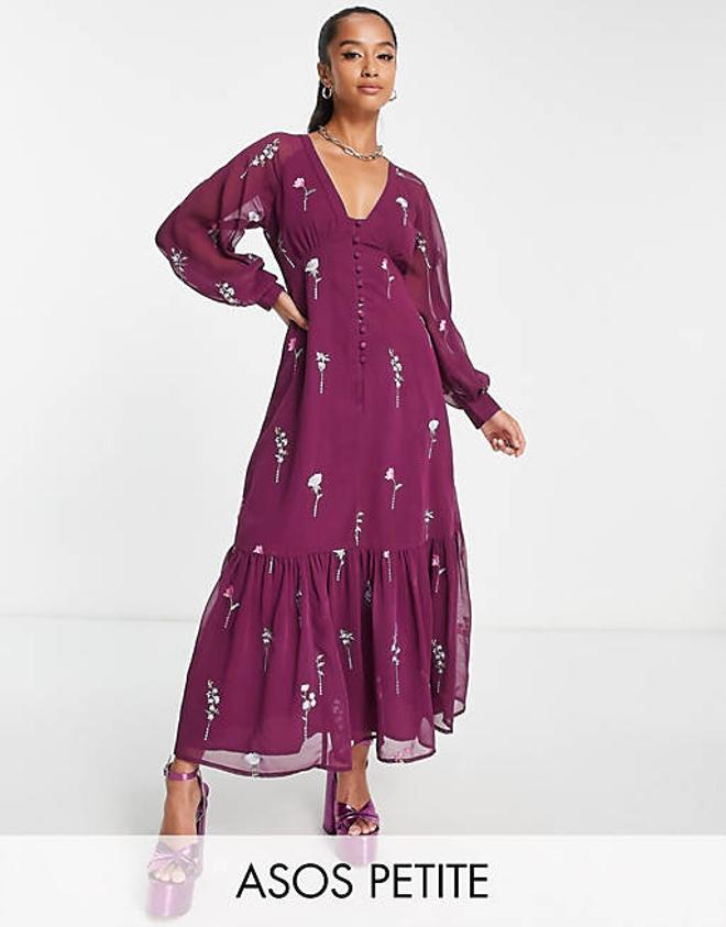 Vestido de invitada largo en color vino con botones y diseño bordado de Asos