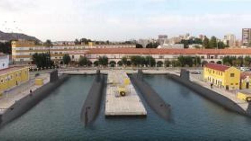 Recreación virtual de las Fuerzas Armadas en la que se ven los cuatro sumergibles en la Base de Submarinos del Arsenal de Cartagena