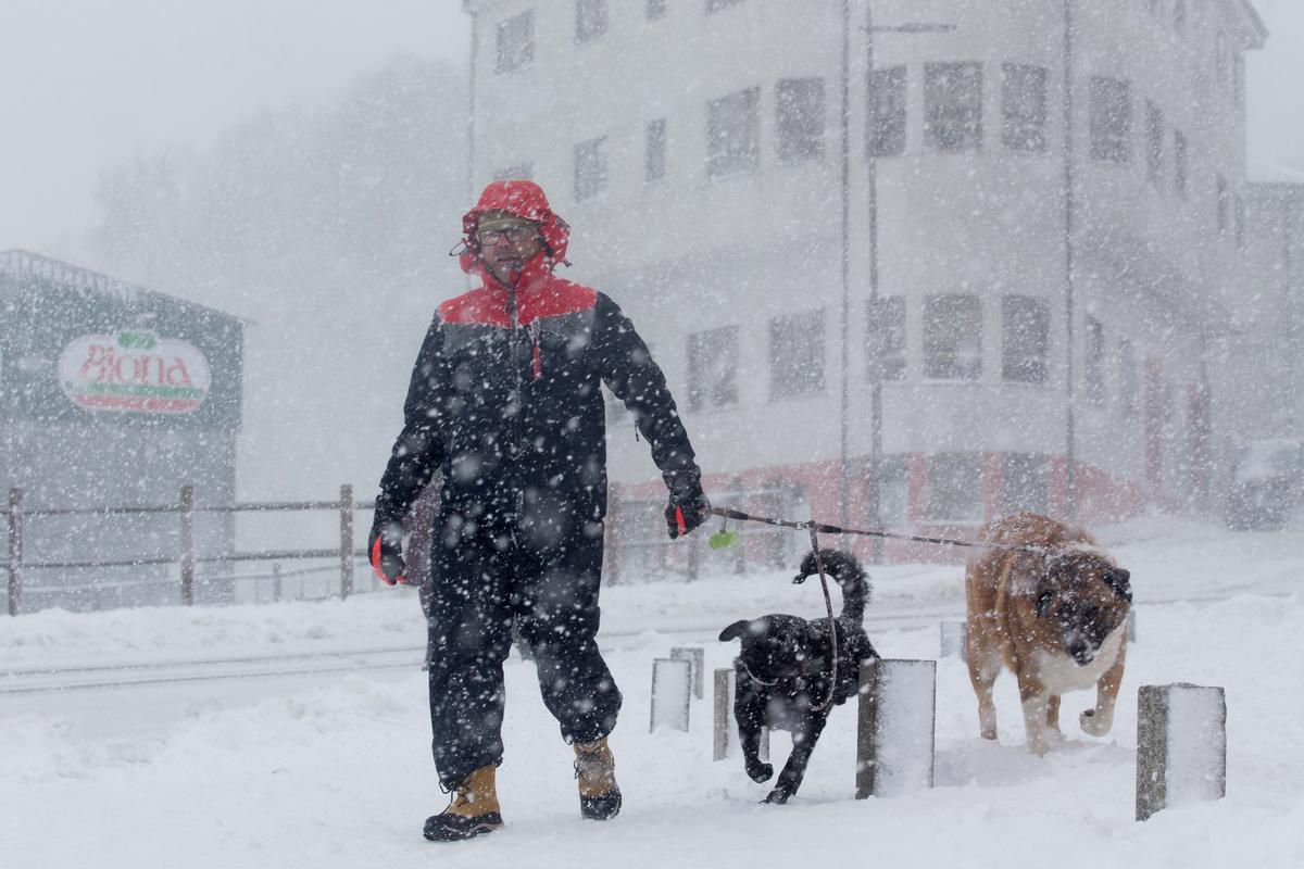 Un hombre camina con dos perros por una vía nevada en Lugo, Galicia.