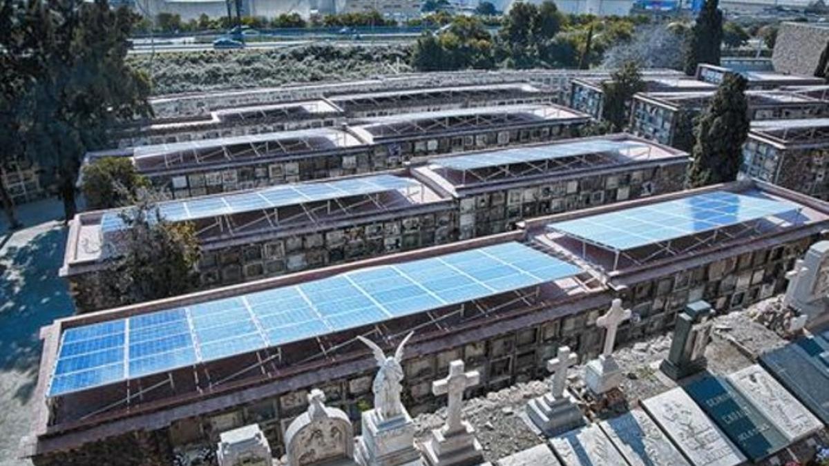 Placas solares instaladas sobre nichos del cementerio de Montjuïc, ayer.