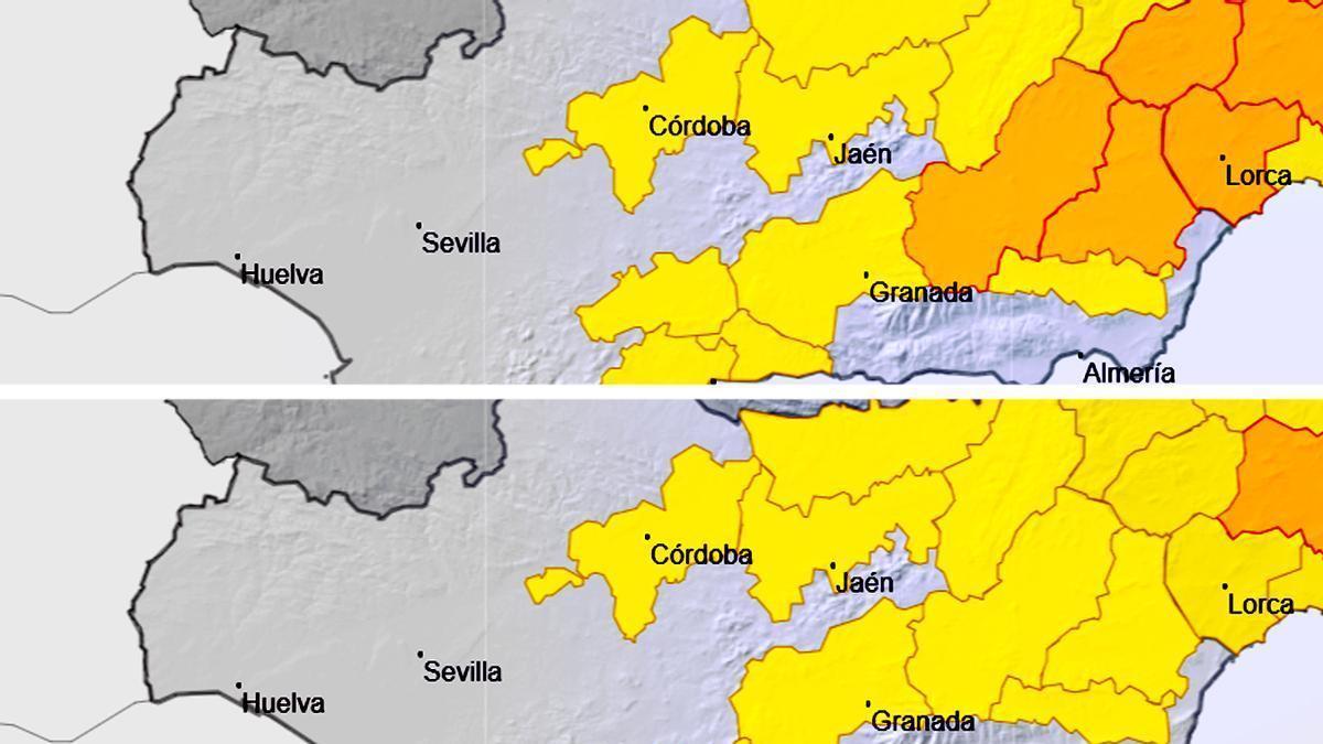Avisos de Aemet por calor en Andalucía el miércoles (imagen superior) y jueves (inf.).