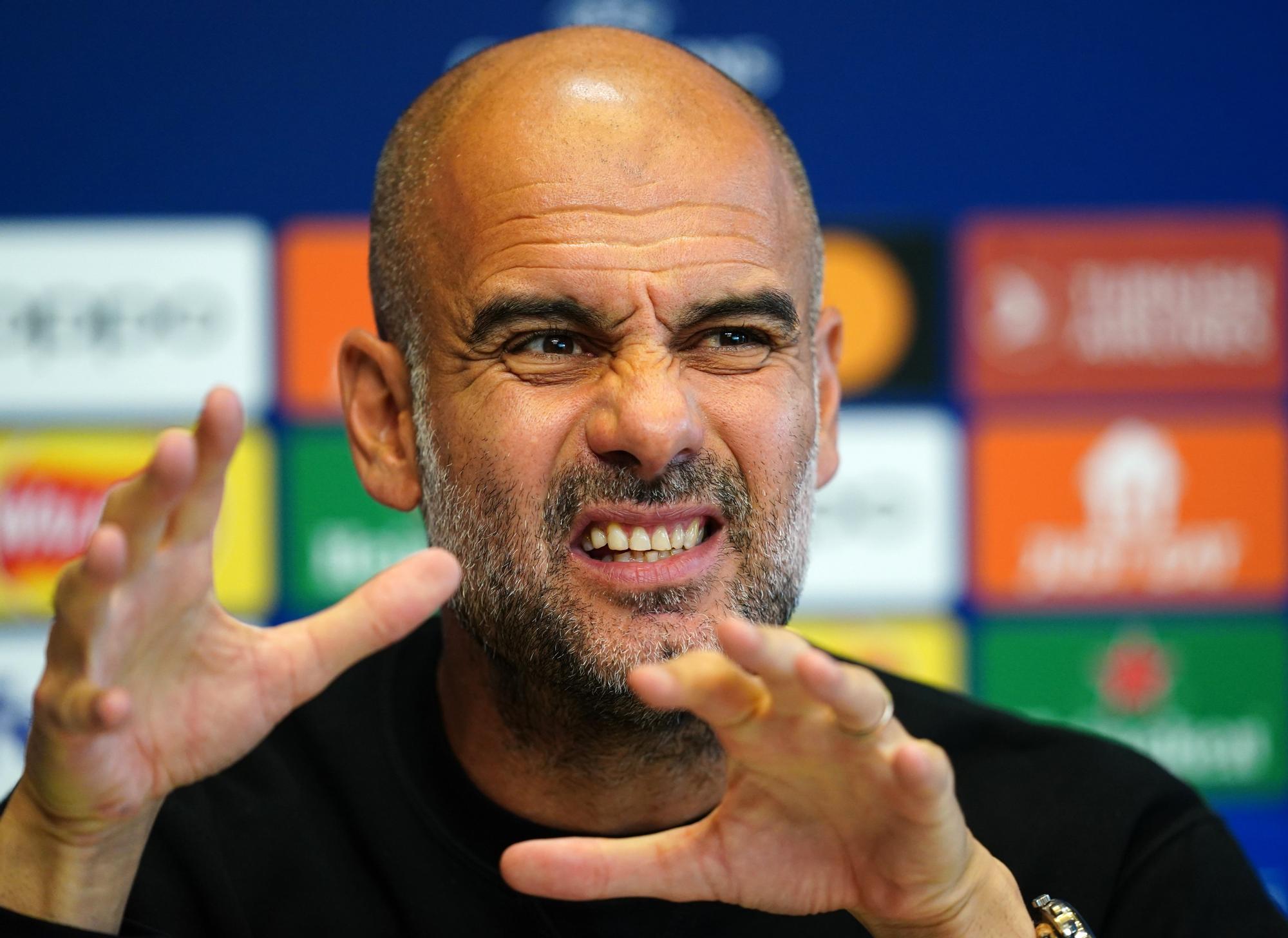 04 October 2022, United Kingdom, Manchester: Manchester City manager Pep Guardiola speaks during a press conference at the City Football Academy  ahead of Wednesday's UEFA Champions League Group G soccer match against FC Copenhagen Photo: Martin Rickett/P