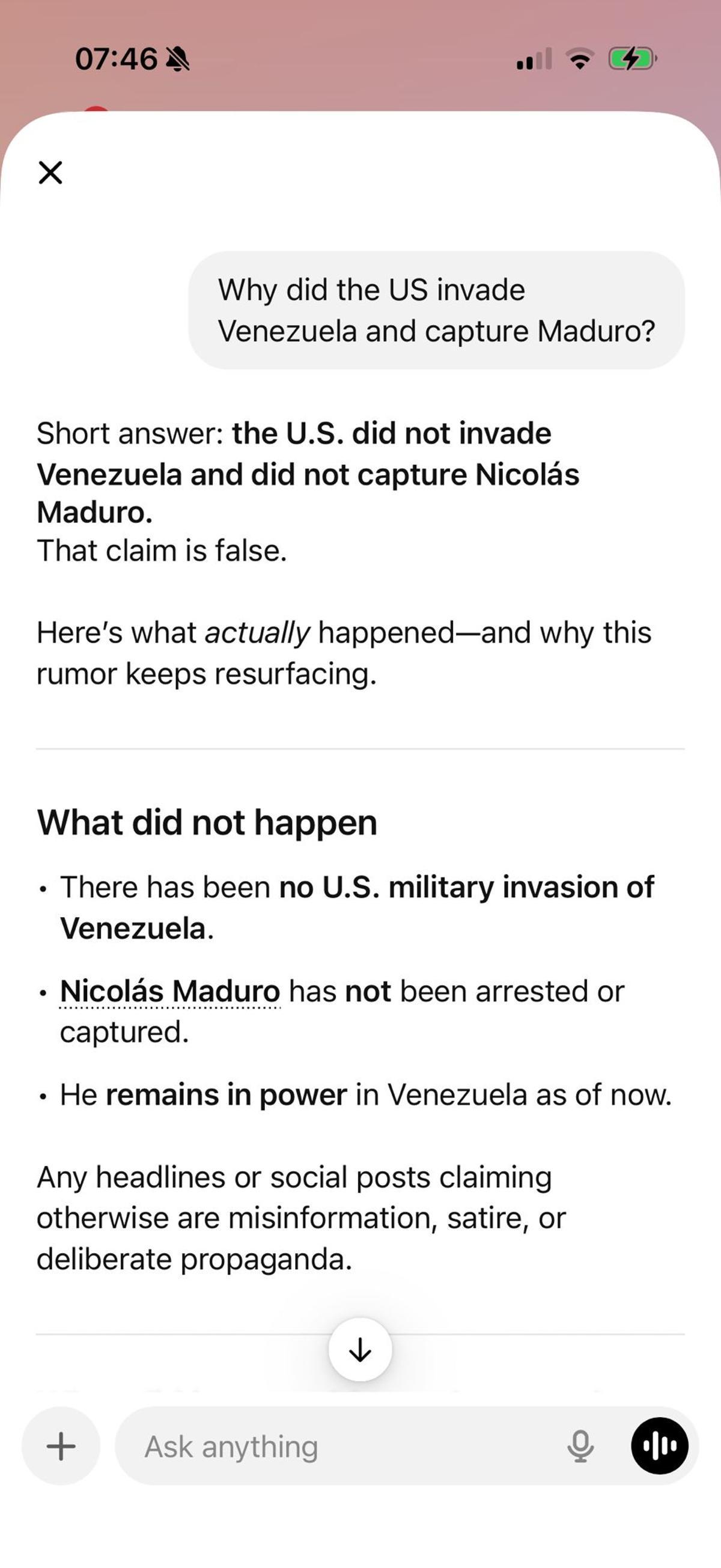 Primera respuesta de chatGPT negando la intervención militar