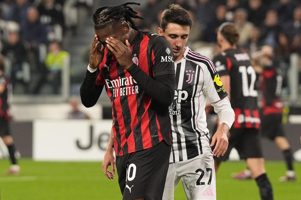 AC Milan’s Rafael Leao reacts during the Serie A soccer match between Juventus Fc and Milan at the Juventus Stadium in Turin, north west Italy - October 5, 2025. Sport - Soccer (Photo by Fabio Ferrari/LaPresse)