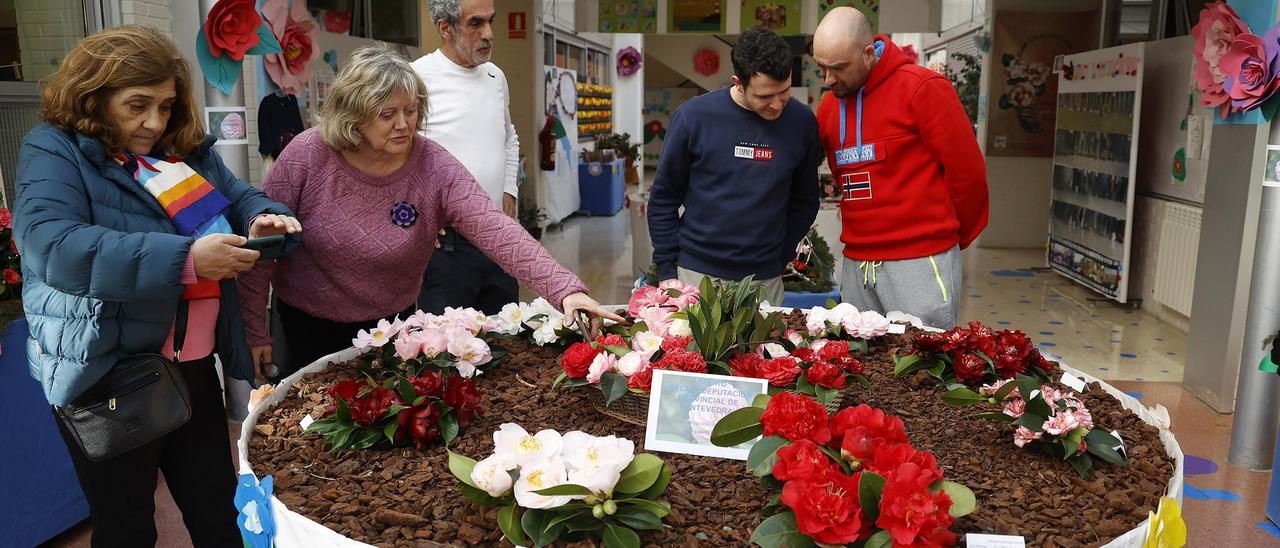 Espectadores y profesores del CEIP Campolongo observan la exposición floral inaugurada esta tarde.