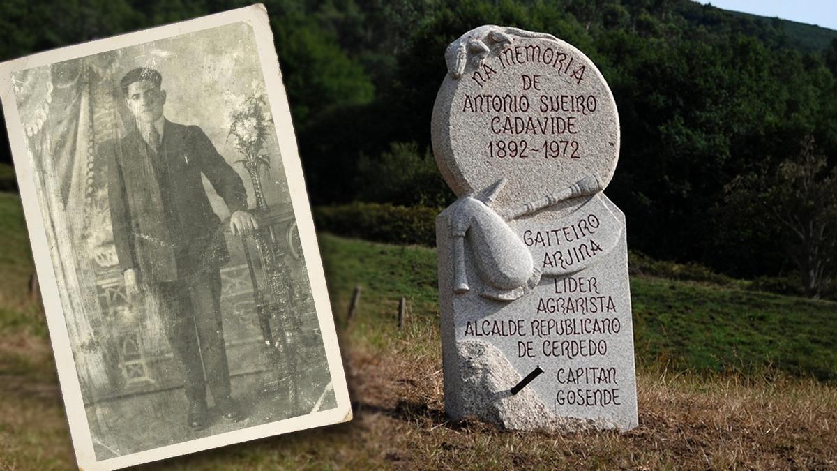 Montaxe cunha imaxe de Antonio Sueiro Cadavide e a súa homenaxe no Campo das Laudas en Cerdedo