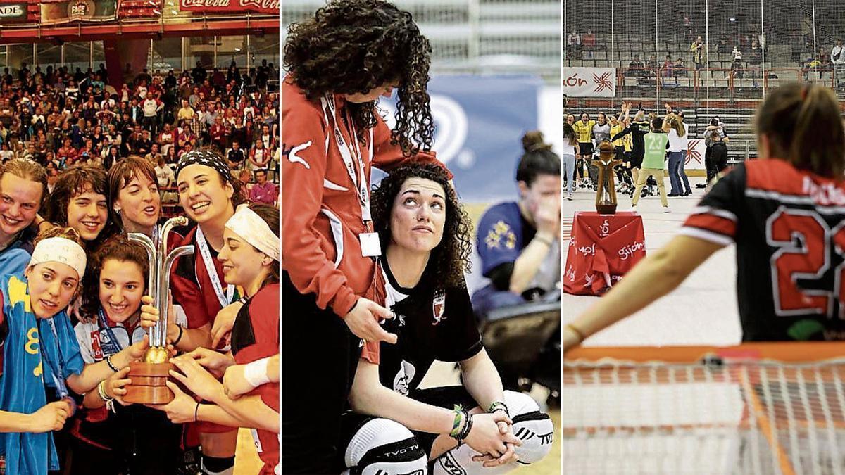 Por la izquierda, las jugadoras del Telecable, con el título europeo de 2010; Pulgui, entrenadora del Hostelcur, consuela a Anna Casarramona tras la derrota en la final europea de 2017, y Sara Roces observa la celebración del Palau en 2022.