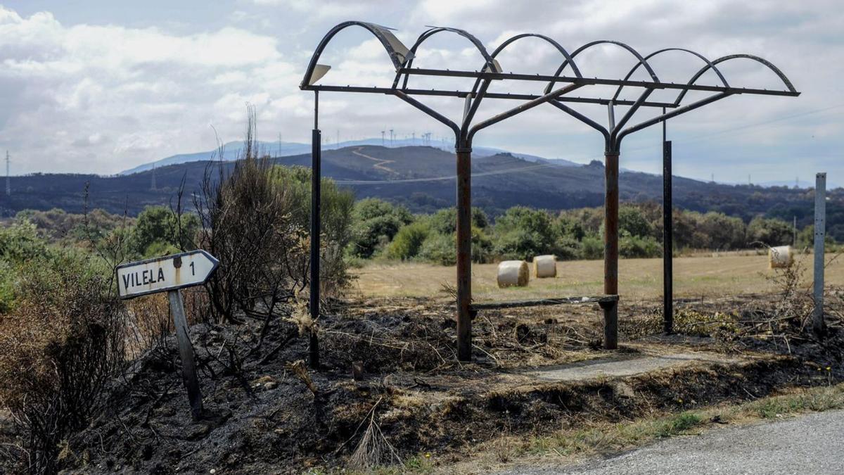 Marquesina de autobús devastada por un incendio forestal en Cualedro