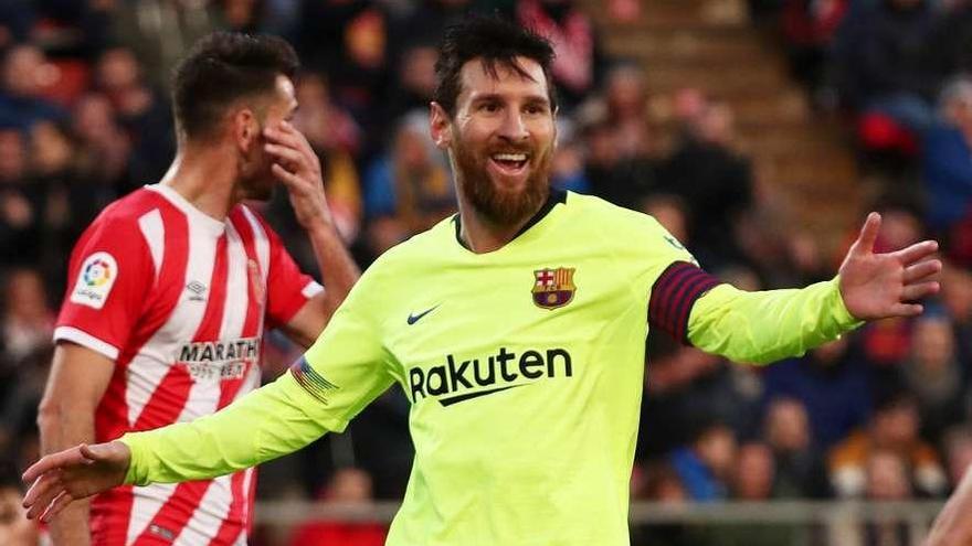 Messi celebra su gol de ayer al Girona.