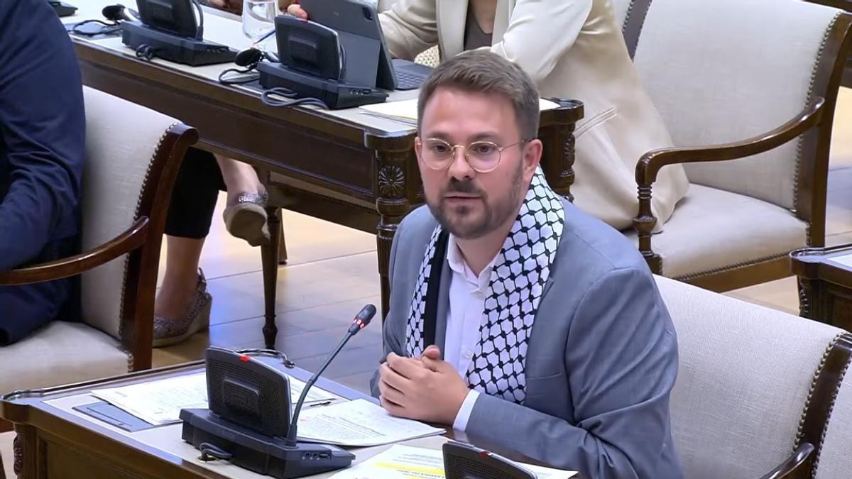 El diputado de Compromis, Alberto Ibáñez, luce una bandera propalestina en el Congreso