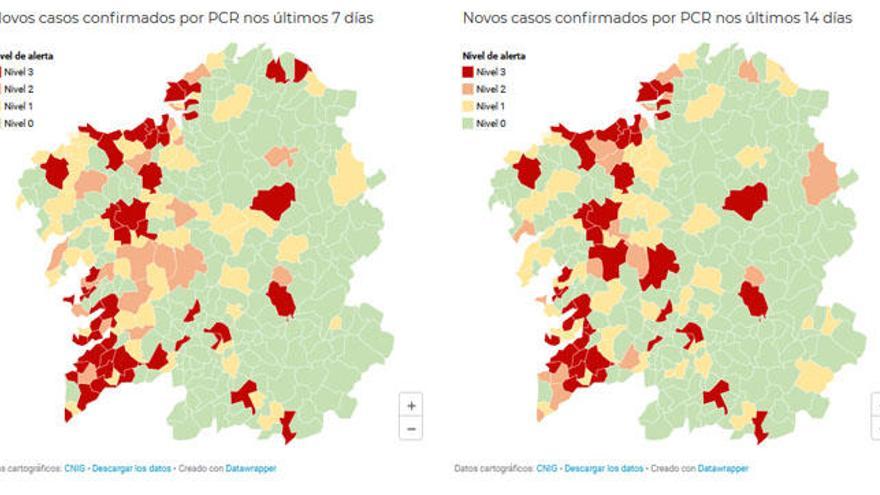 El mapa-semáforo con los niveles de alerta por Covid en la web del Sergas.