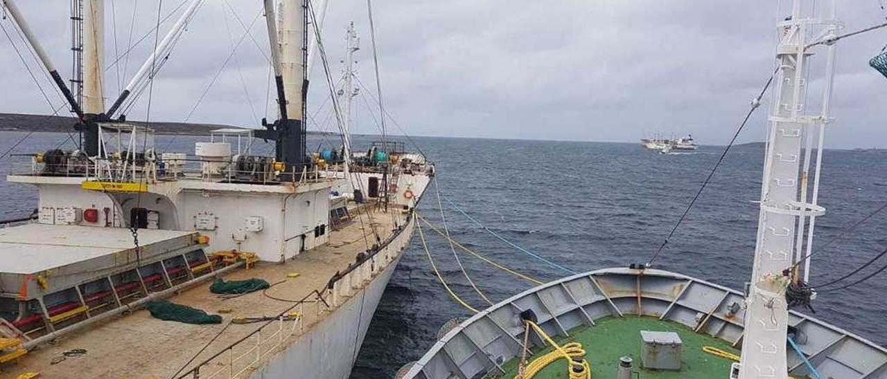 Un buque gallego realizando una descarga ayer en las Malvinas. // FdV