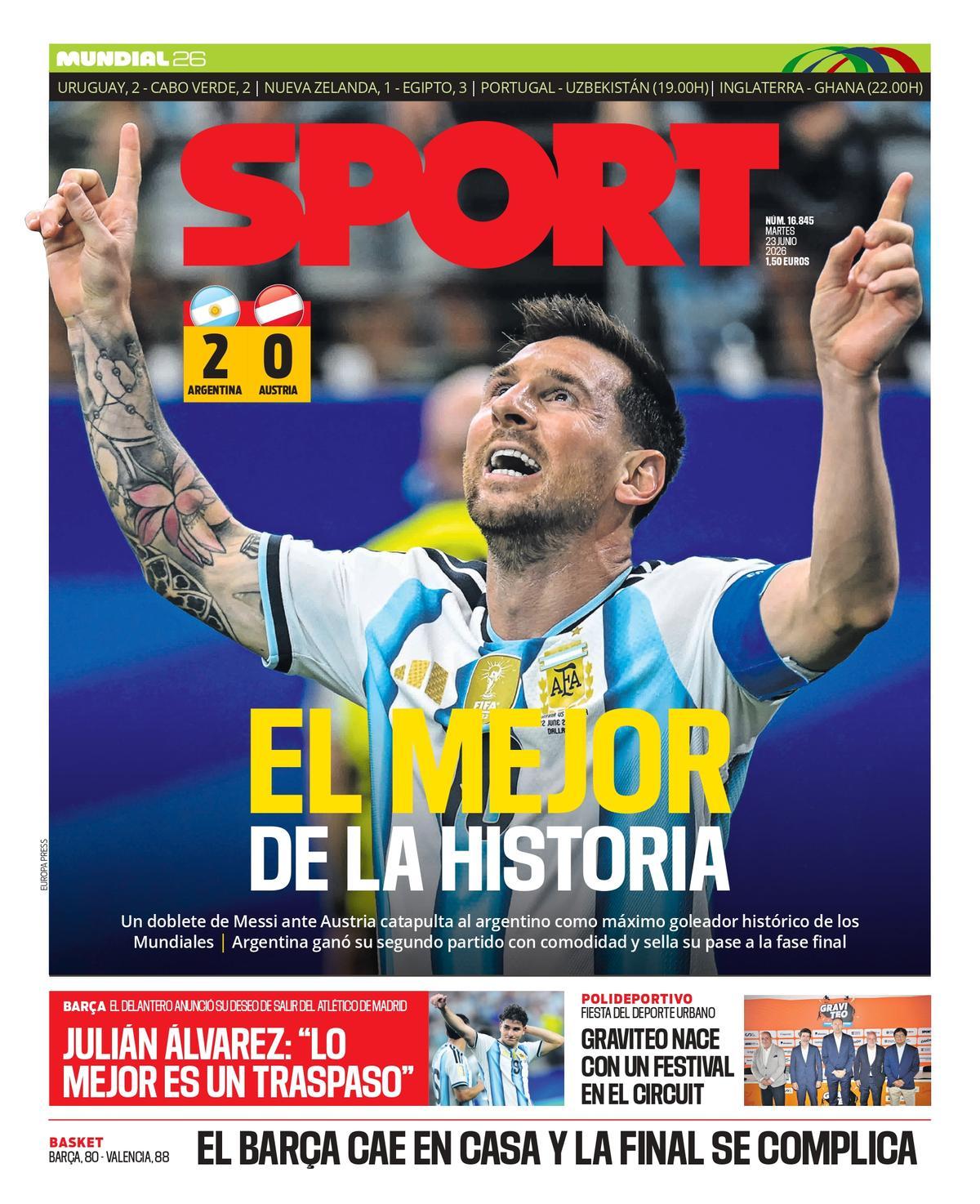 Esta es la portada de SPORT de hoy, martes 23 de junio de 2026